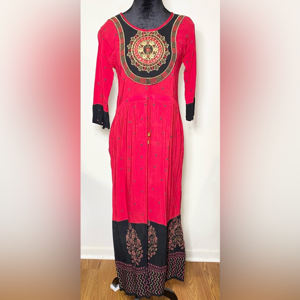 Indian Traditional Anarkali Style Printed Ready Made Kurta Color Red Tunic 1pc
